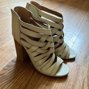 Tan cream block heels